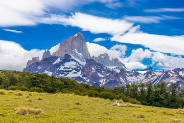 El Chalten Patagonia mountain landscapes. Mount Fitz Roy beautiful granite rock summit in Argentina. Los Glaciares national park in Argentina with stunning view of the lake with icebergs floating ice