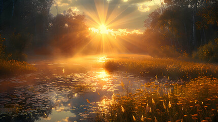 An ultra HD view of a nature marshland at sunrise, the golden light illuminating the grasses and water