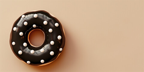 Wall Mural - Black donut with badge dots on cream background. Banner, copy space