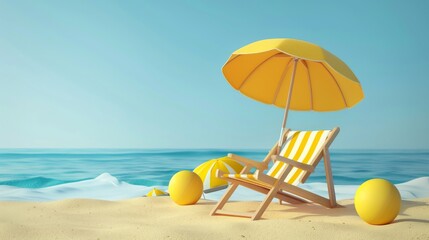 Wall Mural - 3d Vector Beach Chair, Yellow Umbrella and Ball, Summer holiday, Time to travel concept. Eps 10 Vector