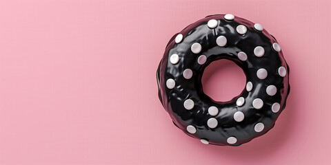 Wall Mural - Black chocolate donut with white dots on pink background. Banner, copy space