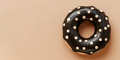 Wall Mural - Black donut with badge dots on cream background. Banner, copy space