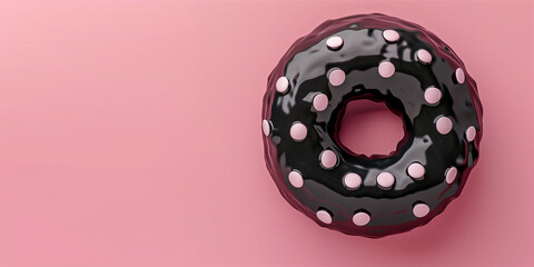 Wall Mural - Black chocolate donut with white dots on pink background. Banner, copy space