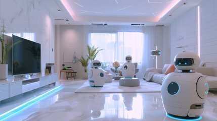 A living room with a white couch and a white robot on it