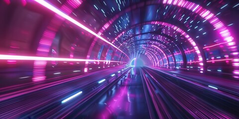 Sticker - A futuristic tunnel with vibrant neon lights creating a fast-paced, sci-fi atmosphere, suggesting high speed and digital innovation.