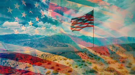 American flag waving over desert landscape with mountains in the background