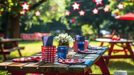 Festive picnic table with red, white, and blue decorations.