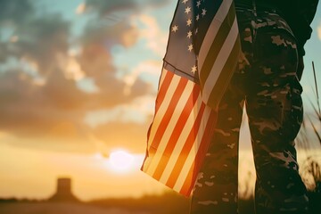 Wall Mural - Soldier holding American flag at sunset, patriotic image.