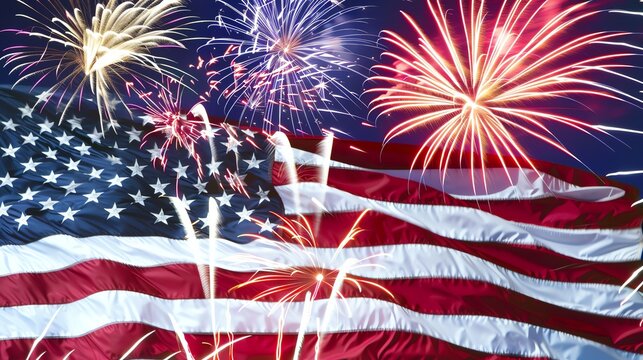 Fireworks behind an American flag on United States Independence Day, focus on, celebratory theme, dynamic, blend mode, night sky backdrop