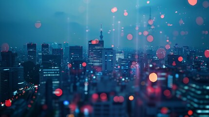 Wall Mural - abstract cityscape at twilight with bokeh lights and digital effects, showcasing a futuristic urban 