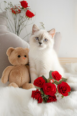 Wall Mural - Beautiful Blue-Eyed Cat Surrounded by Vibrant Red Roses on a Cream Blanket, Creating an Intimate and Romantic Setting