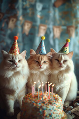 Wall Mural - Three cats in birthday hats in front of a birthday cake