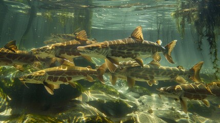 Canvas Print - A school of fish swimming together in clear water