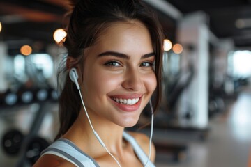 Poster - Beautiful athletic woman listening music over earbuds and smile in gym. Healthy woman concept.