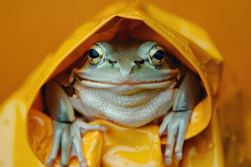 Sticker - A frog sitting comfortably in a bright yellow raincoat, perfect for rainy days or as a unique prop