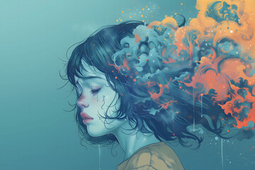 Illustration of a girl with his eyes closed, surrounded by colorful cloud, showcasing childhood anxiety and  depression. Mental disorder in children, health and psychology concept.