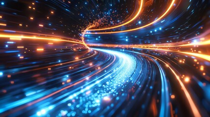 Wall Mural - vibrant, futuristic warp tunnel with neon blue and white streaks, speeding light trails, immersive 3