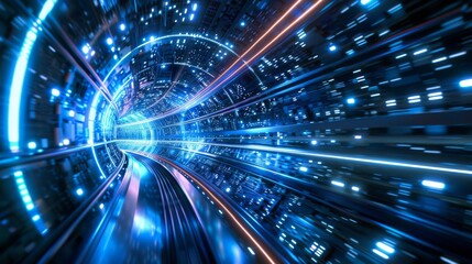 Wall Mural - vibrant 3d hyperspace warp tunnel with neon blue and white streaks, high-speed light trails, and dyn