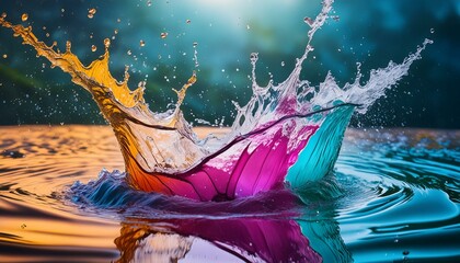 Wall Mural - burst of  splashes into colorful water, a lively and dynamic scene