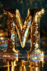 Poster - A close-up of a gold-colored letter 'M' on a reflective surface