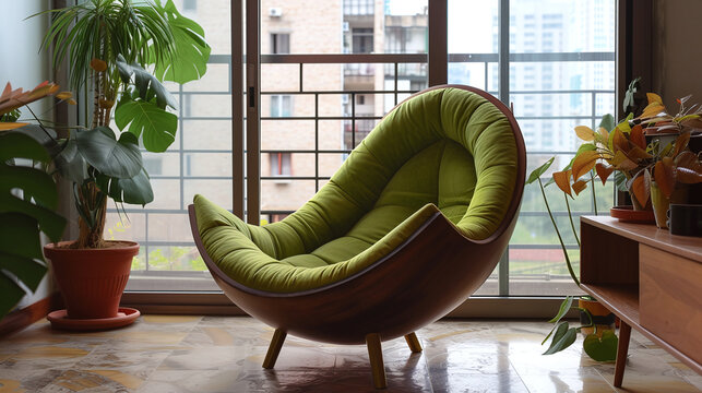 Modern and stylish interior with plush green chair in the shape of an avocado. Minimalist design 