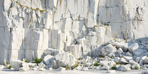 Detailed Marble Quarry Face - Close-Up of White and Gray Marble Blocks with Intricate Veining and Natural Fractures, Industrial Stone Mining Background