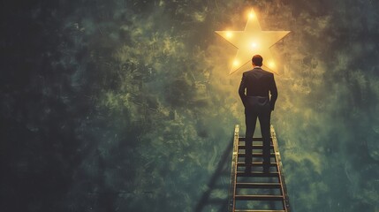 Wall Mural - ambitious businessman climbing ladder to reach glowing star success and aspiration concept
