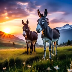  a couple of donkey grazing in the meadow with beautiful sunrise background.