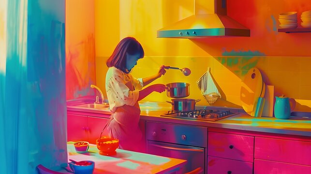 A pretty girl playing with a toy kitchen and cooking up a storm against a colorful background.