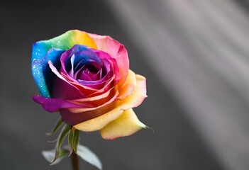 Poster - a single rainbow rose in a dark and foggy room