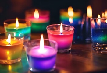 Wall Mural - four colored candles with their reflection on the table and several lit ones in different glasses