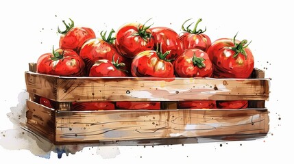 Wall Mural - closeup of tomatoes in wooden crate on white background fresh produce still life illustration