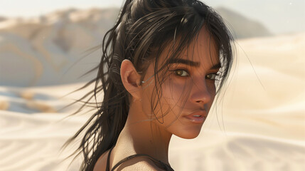 Wall Mural - A woman with long dark hair in a ponytail stands in a desert landscape, looking over her shoulder. The background features sand dunes and a clear sky.