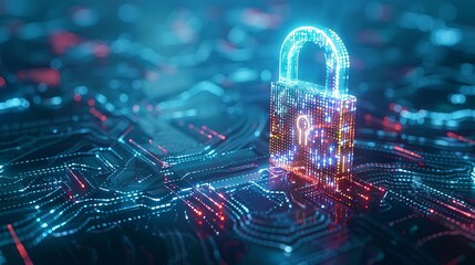 cyber fortress glowing digital padlock on futuristic blue background with binary code technology concept illustration