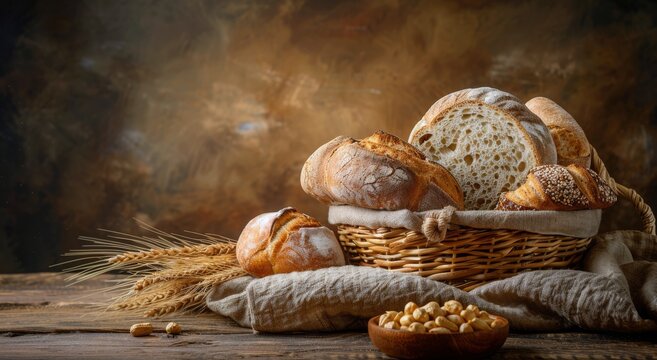 Freshly Baked Bread in a Wicker Basket With Wheat and Peanuts