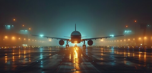 Wall Mural - Airplane Taxiing on Runway at Night With Fog