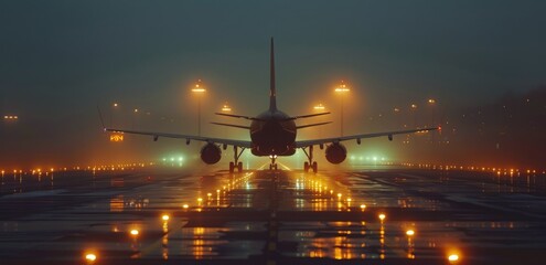 Wall Mural - Airplane Taxiing on Runway at Night With Fog