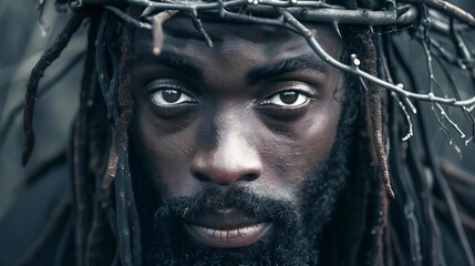 Canvas Print - ethereal black jesus with crown of thorns transcendent faith photorealistic portrait