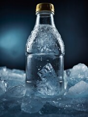 Close-up view of a chilled bottle submerged in ice, glistening with frost.
