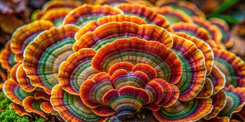 Turkey's tail mushroom with vibrant colors in a close-up shot , fungi, nature, texture, natural pattern, wild, forest, closeup, vibrant, colorful, polypore, mushroom, macro, woodland, medicinal
