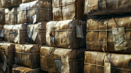 Stacks of cardboard packages tied with string, ready for shipping, depicting industrial packaging and logistics.