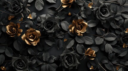 Wall Mural - black floral wallpaper on black wall black and gold roses
