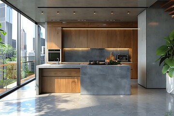Wall Mural - Modern wood and concrete kitchen interior with island, appliances and window with city view and daylight. 3D Rendering