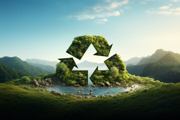 Recycling logo blending into a natural landscape, symbolic of environmental integration, wide angle