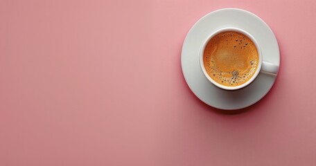 Poster - Overhead View of a Cup of Coffee With Foam on a Pink Background