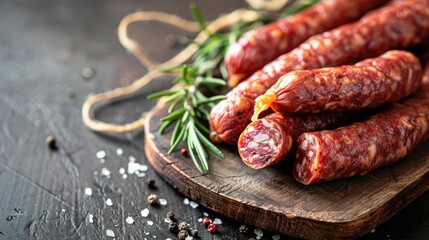 Wall Mural - Raw smoked sausage with rosemary on the wooden board serving table