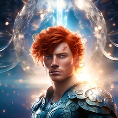 Wall Mural - A dreamy shimmering glow, finely detailed 3D fractals entwined with light particles, and a portrait of a masculine warrior with red-orange hair.
