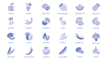 Poster - Fruit and vegetable web icons set in duotone flat design. Pack pictograms with apple, grape, kiwi, strawberry, watermelon, pineapple, cherry, banana, coconut, pear, lemon, other. Vector illustration.