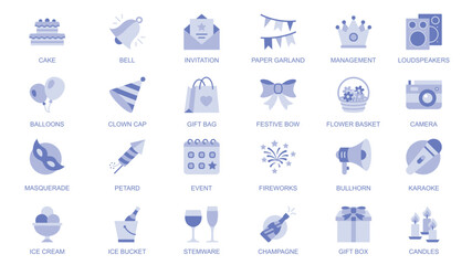 Poster - Party web icons set in duotone flat design. Pack pictograms with cake, bell, invitation, paper garland, balloons, clown cap, gift box, festive bow, flower bucket, camera, other. Vector illustration.