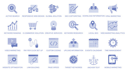Poster - SEO optimization web icons set in duotone flat design. Pack pictograms with active search, global solution, copywriting, download information, viral marketing, keyword ranking. Vector illustration.